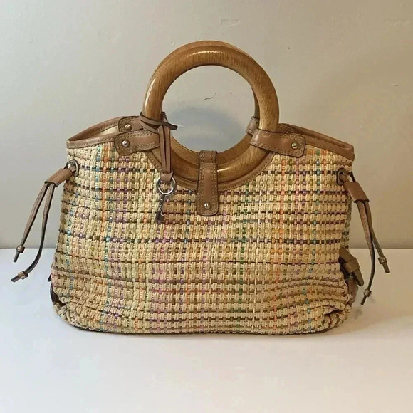 Vtg Fossil Pastel Basket Weave Straw Wood Handle Leather Trim‎ Bag (No Strap) - Picture 1 of 13
